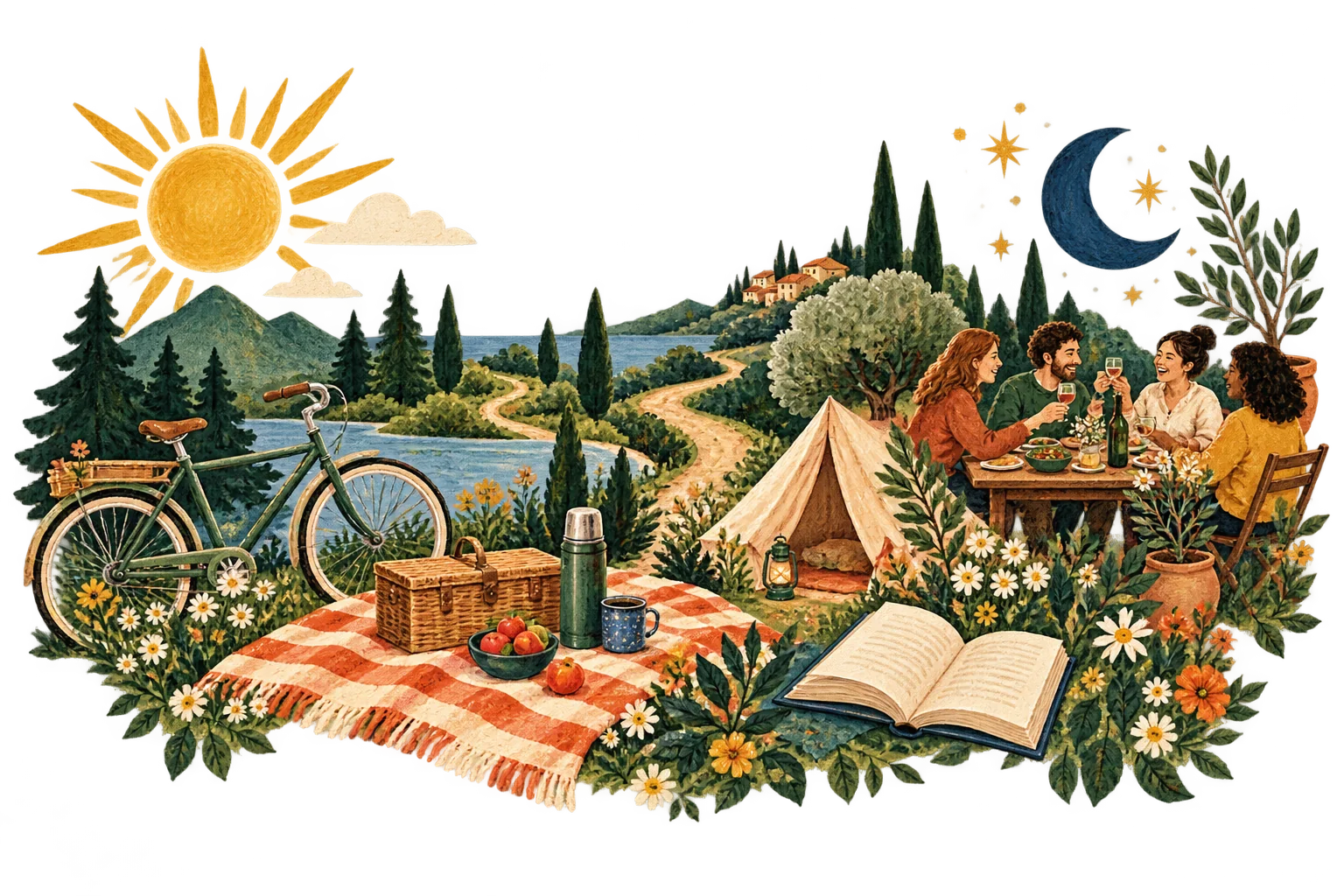 A picnic, bicycle, tent, book, and friends: possibilities for your weekend